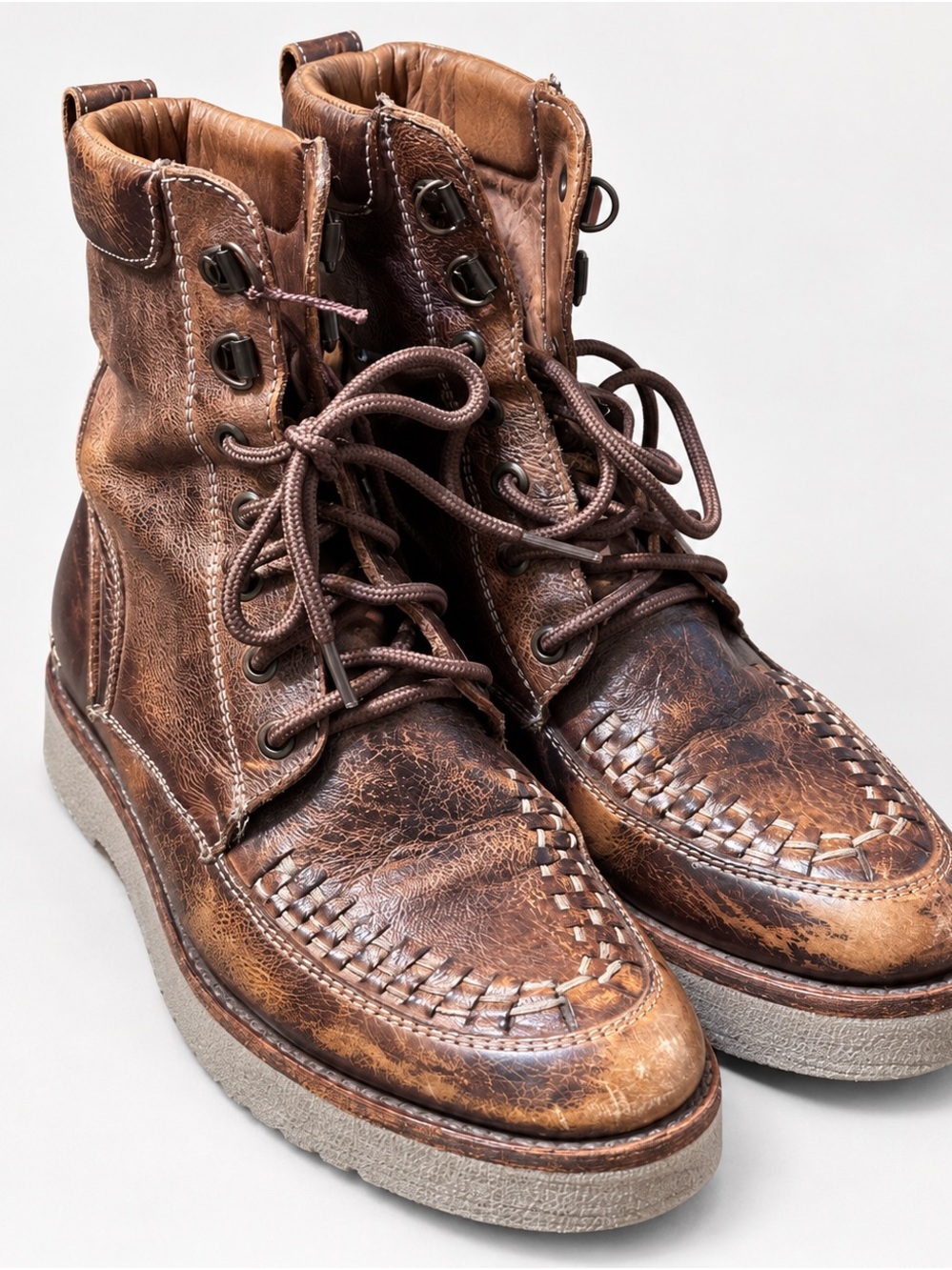 Bed Stu Brown Woven Leather Lace-Up Ankle Boots